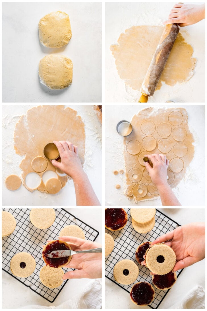 photo collage demonstrating how to roll out linzer cookie dough, cut cookies and sandwich cookies with jam