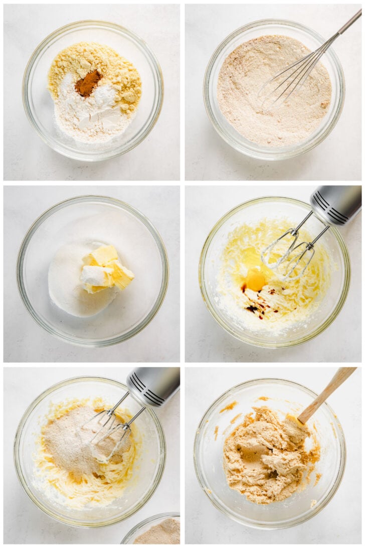 photo collage demonstrating how to make linzer cookie dough in a glass mixing bowl with a hand mixer