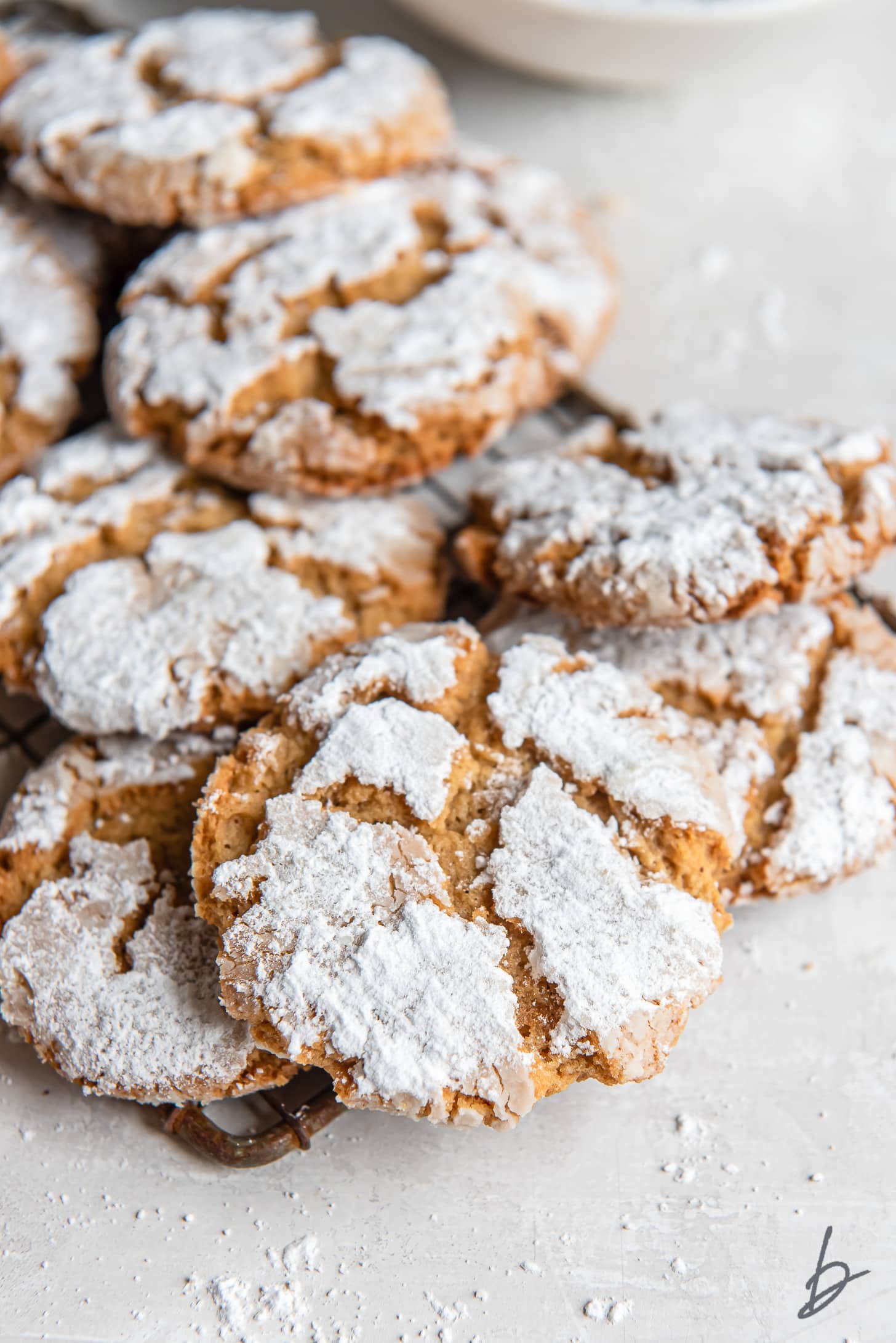 pile of peanut butter crinkle cookies coated in confectioners' sugar