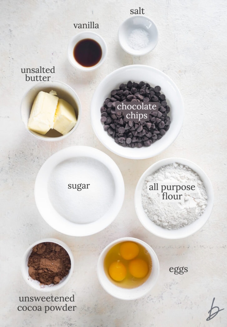 brownie ingredients in bowls labeled with text