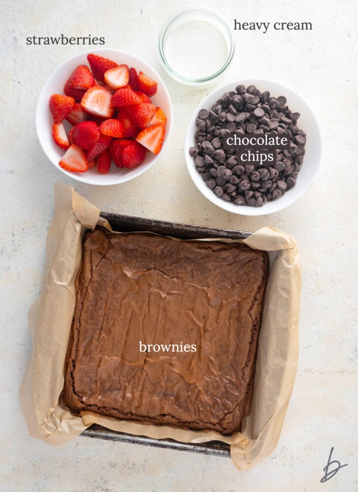 chocolate covered strawberry brownie ingredients labeled with text