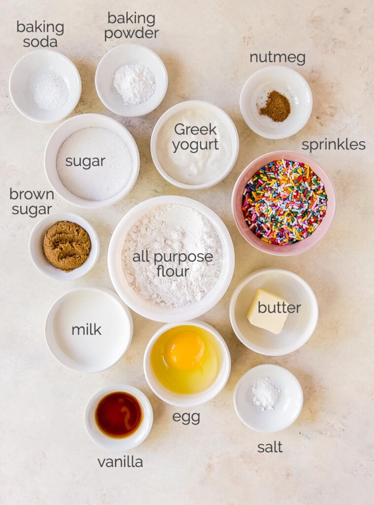 birthday donut ingredients in bowls labeled with text