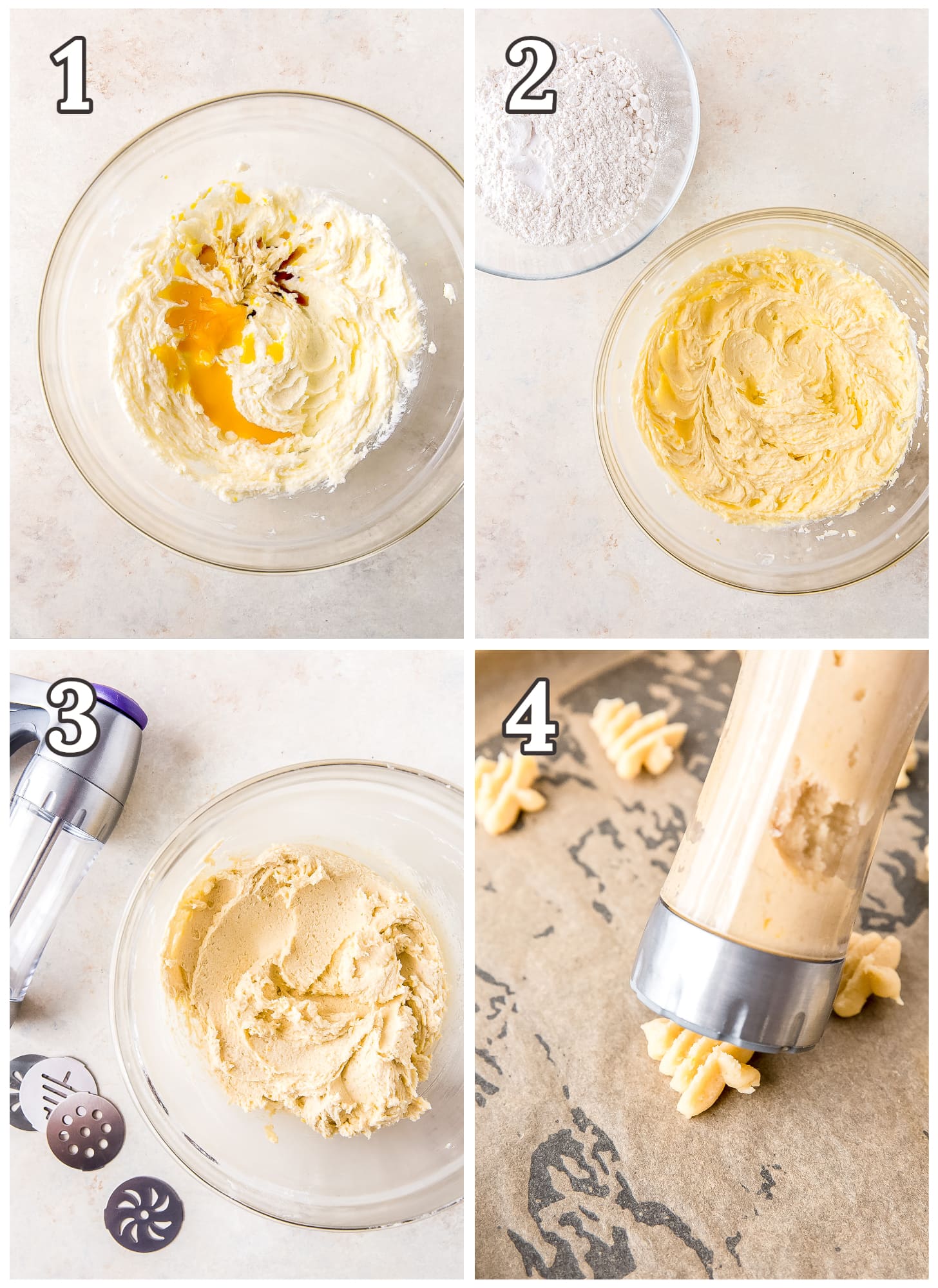 photo collage demonstrating how to make spritz cookie dough in mixing bowl and with cookie press.