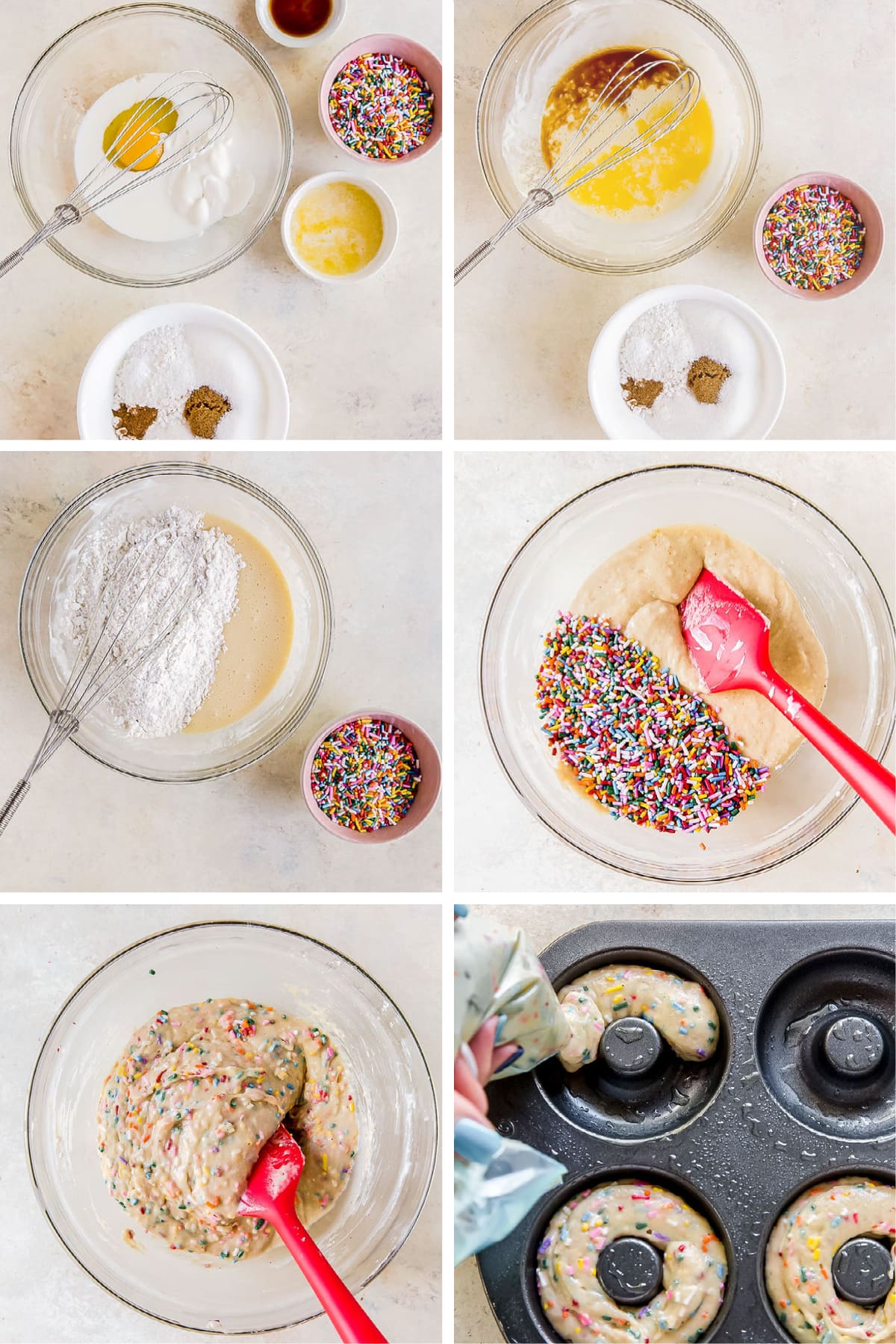 piping bag transferring batter into donut tin recipe step