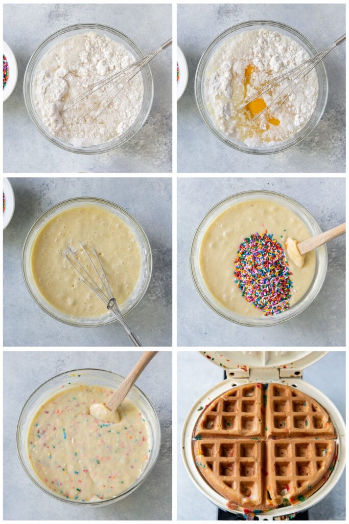photo collage demonstrating how to make birthday cake mix waffles