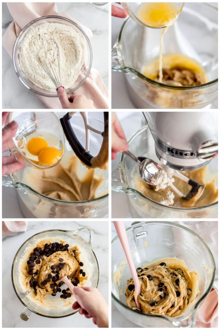 photo collage demonstrating how to make chocolate chip cookie dough in the bowl of a stand mixer