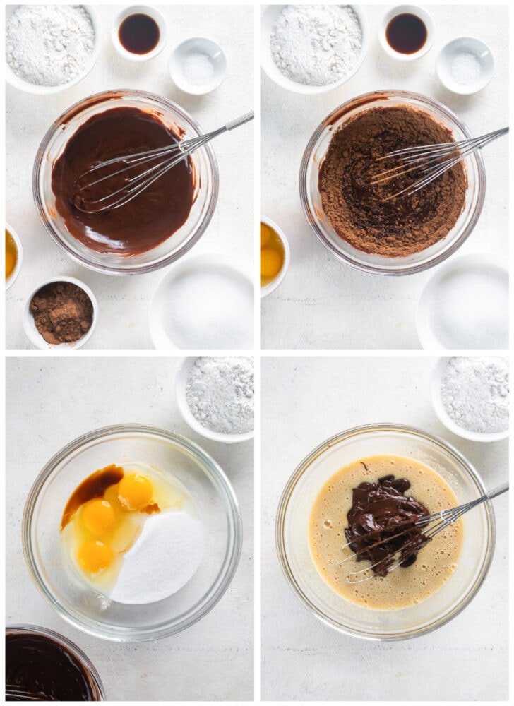 photo collage demonstrating how to make brownies in a mixing bowl with melted chocolate