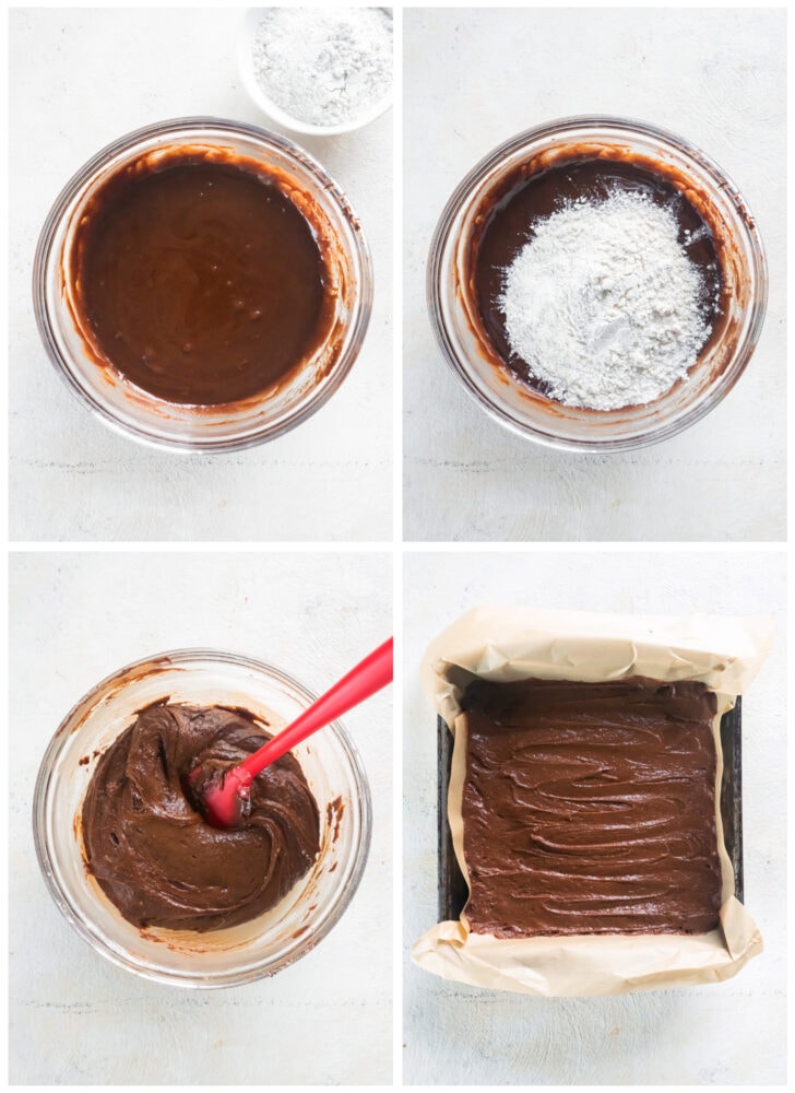 photo collage demonstrating how to make brownies in a mixing bowl and 8x8 pan