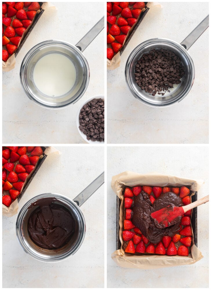 photo collage demonstrating how to make chocolate ganache for chocolate covered strawberry brownies