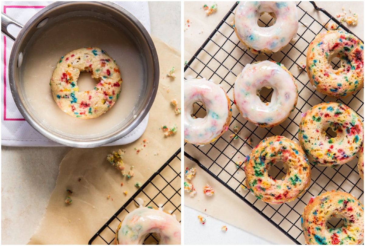 photo collage demonstrating how to dip baked donuts in glaze