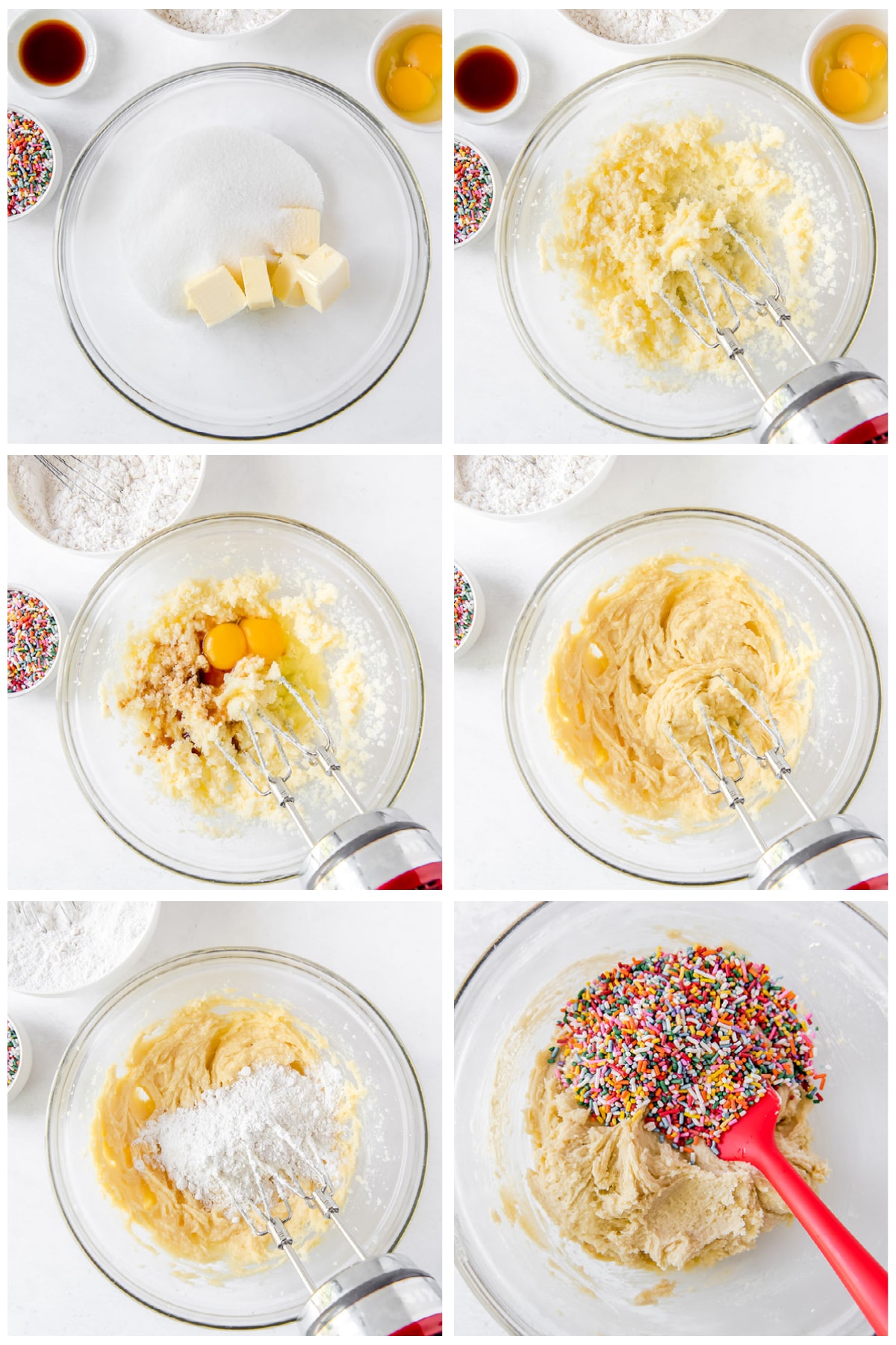 photo collage demonstrating how to make dough for sprinkle sugar cookies