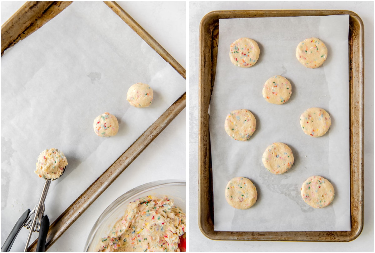 two photo collage demonstrating how to scoop and shape sprinkle sugar cookies