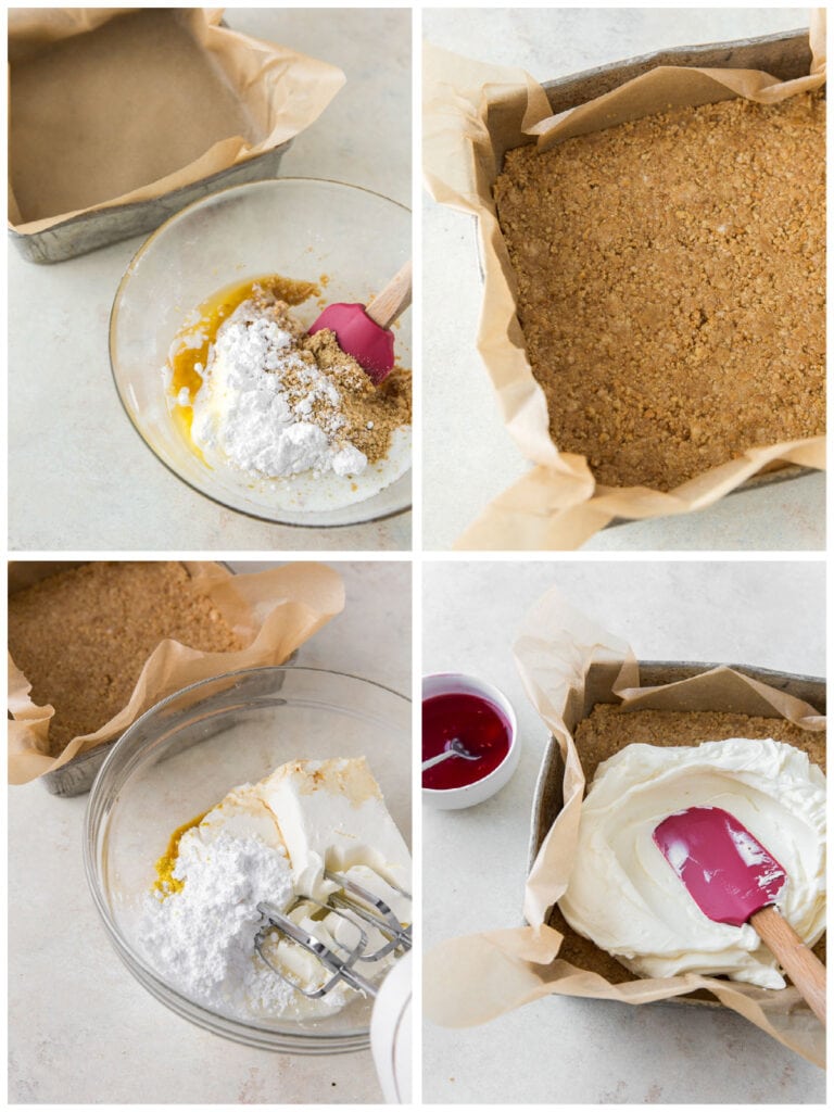 photo collage demonstrating how to make graham cracker crust and cheesecake filling for raspberry cheesecake bars