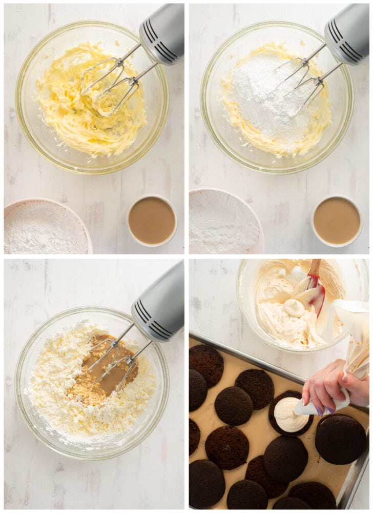 photo collage demonstrating how to make baileys frosting for chocolate whoopie pies