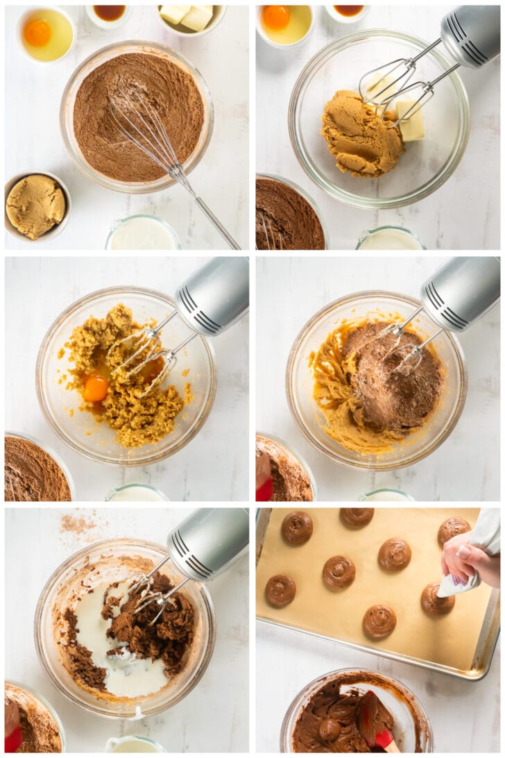 photo collage demonstrating how to make chocolate whoopie pie batter in a mixing bowl with a hand mixer