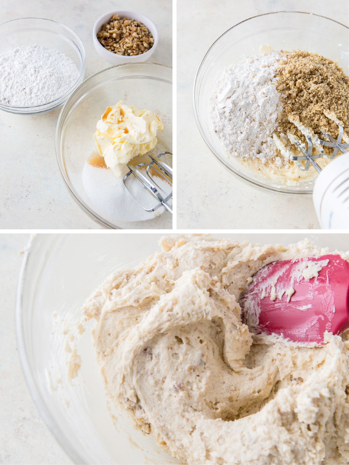 photo collage demonstrating how to make surprise kiss cookie dough in a mixing bowl
