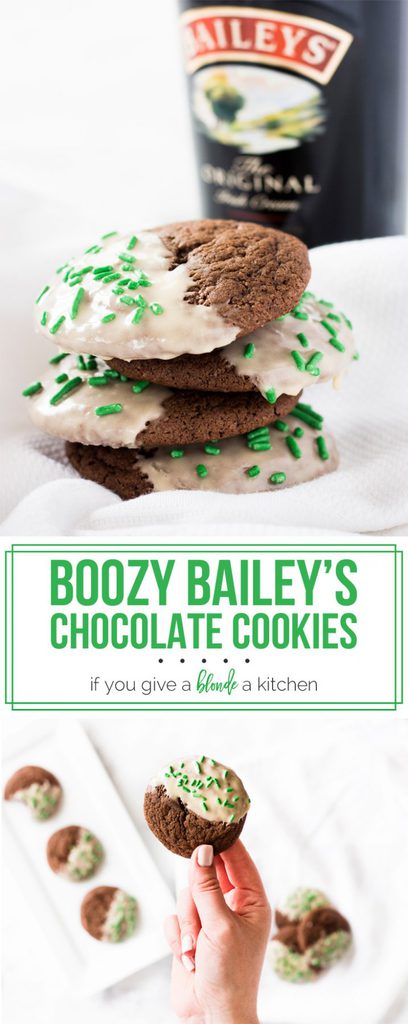 Chocolate Baileys cookies with icing are a boozy dessert perfect for St. Patrick's Day! | www.ifyougiveablondeakitchen.com