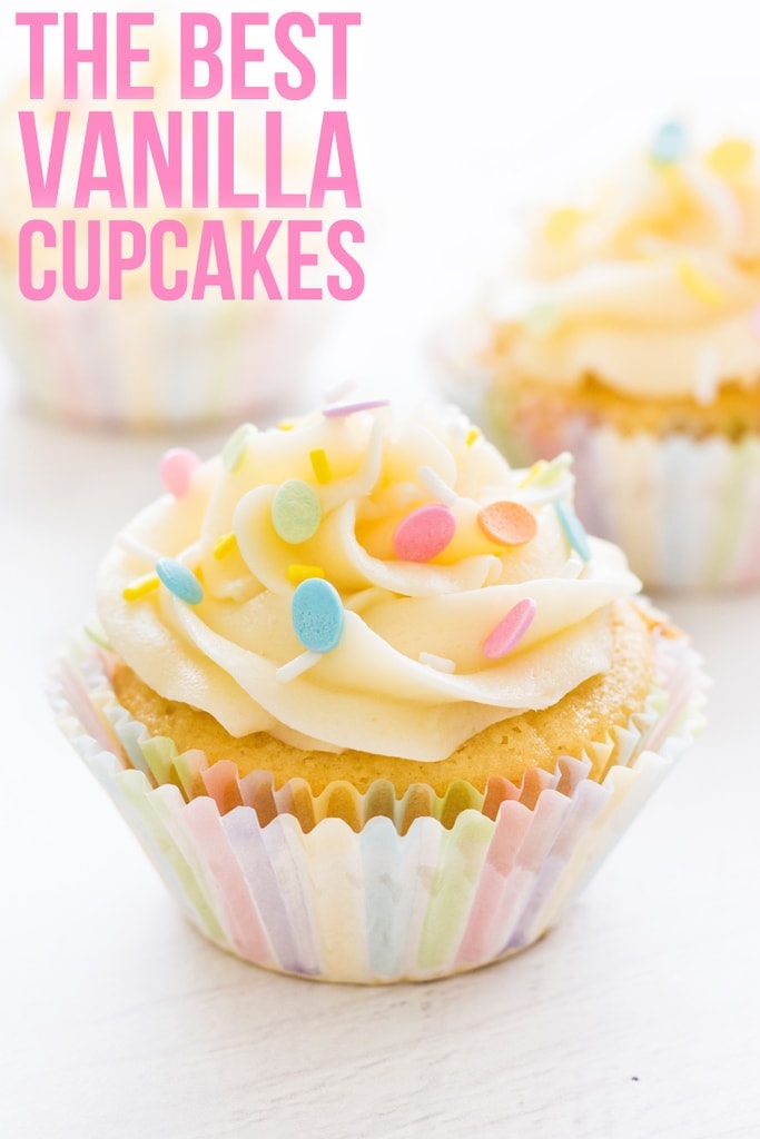 This recipe makes the best vanilla cupcakes! They're moist, full of vanilla flavor and topped with fluffy buttercream frosting. | www.ifyougiveablondeakitchen.com