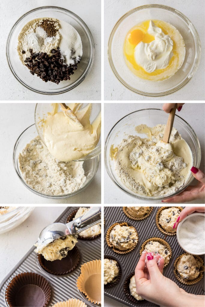 photo collage demonstrating how to make irish soda bread muffins