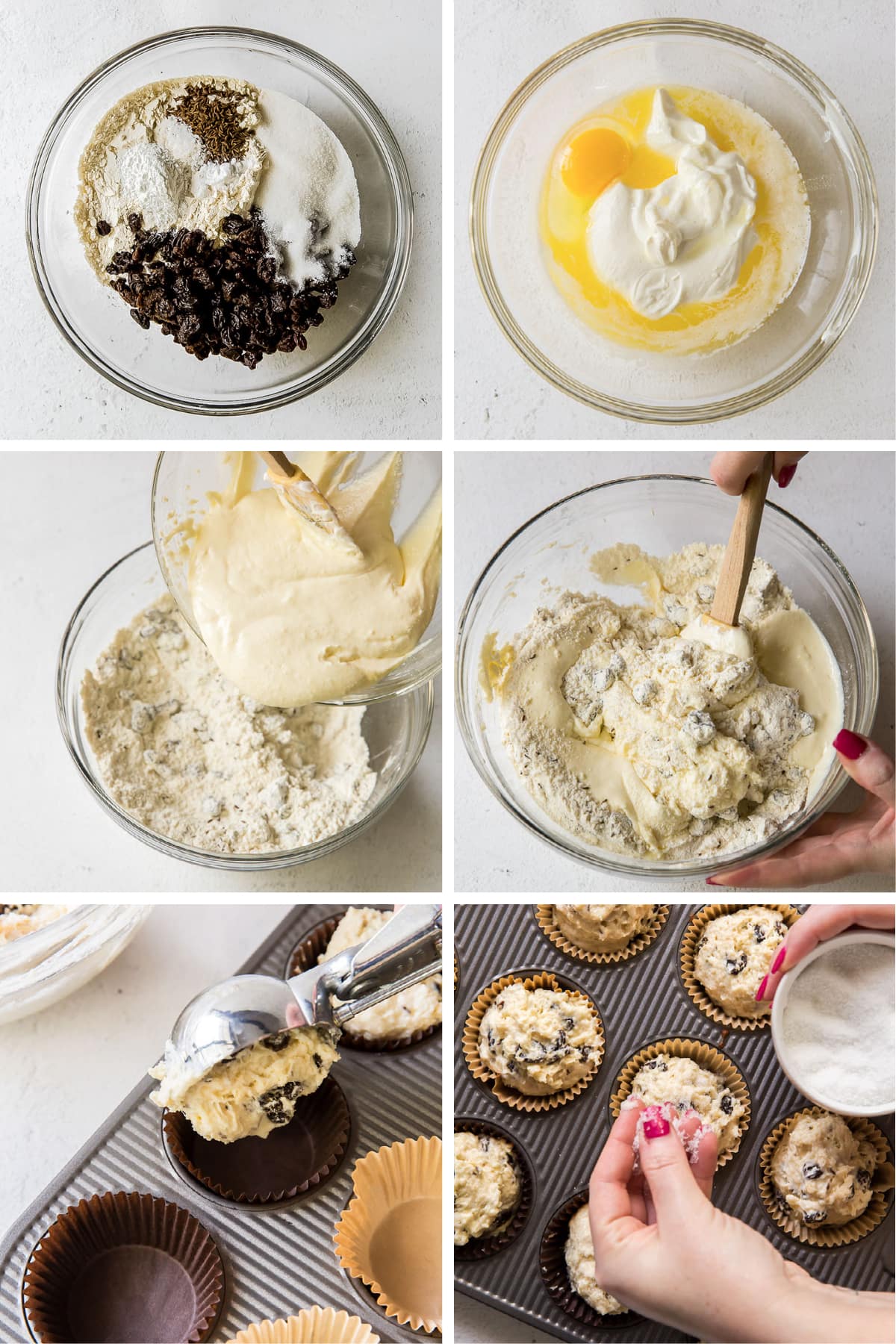 photo collage demonstrating how to make irish soda bread muffins in a mixing bowl.