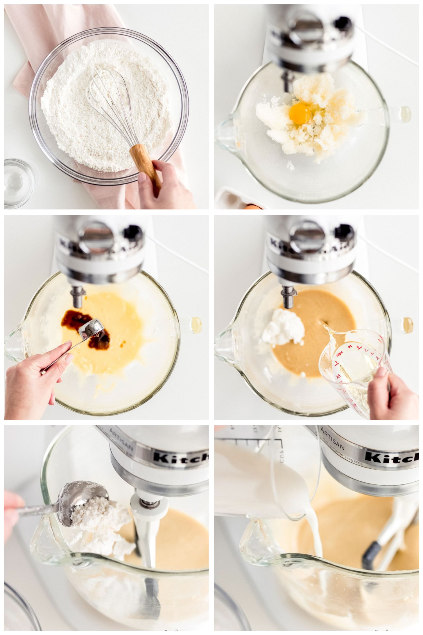 photo collage demonstrating how to make vanilla cupcake batter in the bowl of a stand mixer