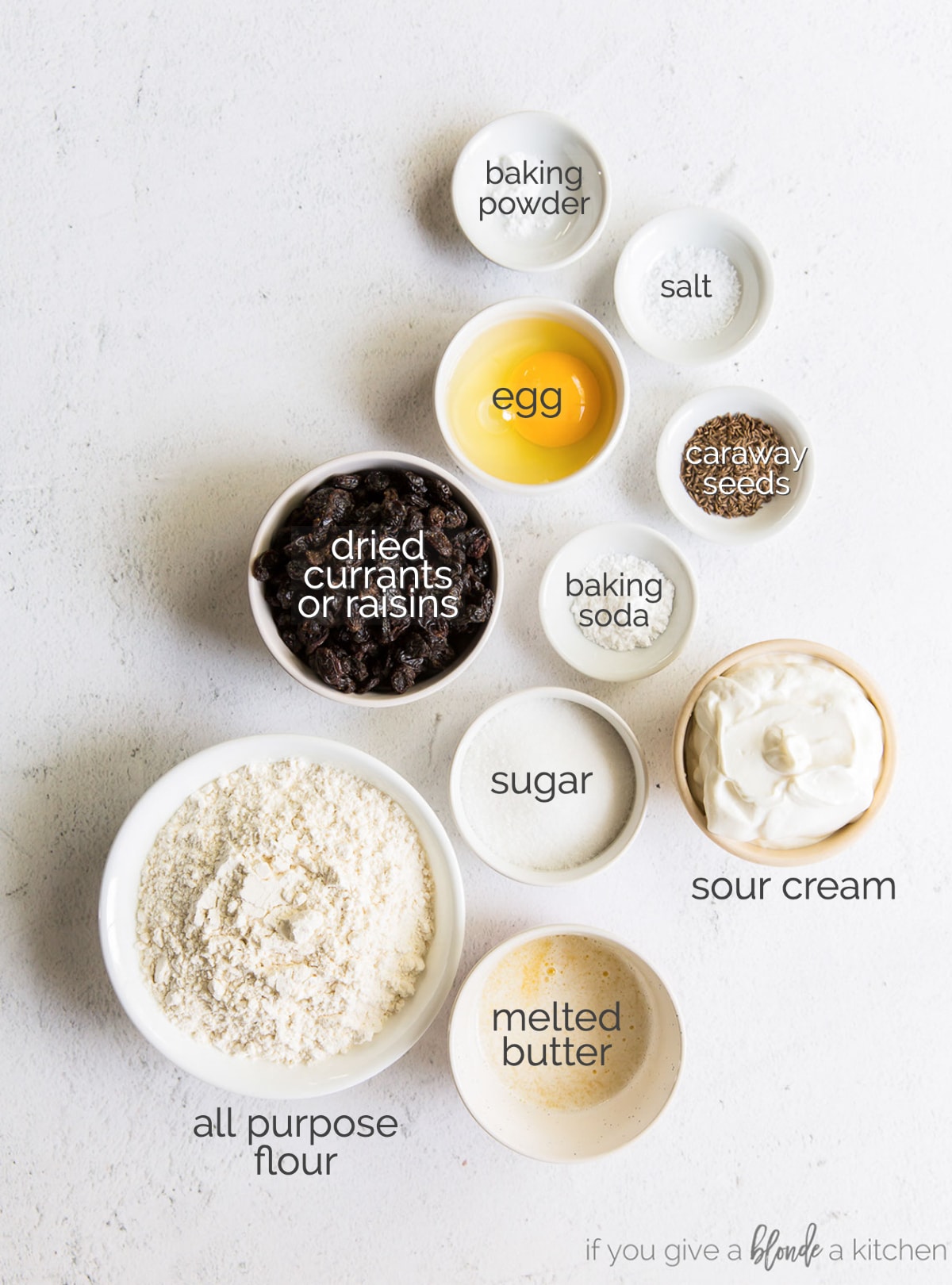 irish soda bread muffin ingredients in bowls.