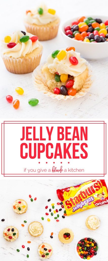 Jelly bean cupcakes are simple vanilla cupcakes decorated with jelly beans inside and out! Perfect for Easter. #sweetereaster #ad @walmart | www.ifyougiveablondeakitchen.com