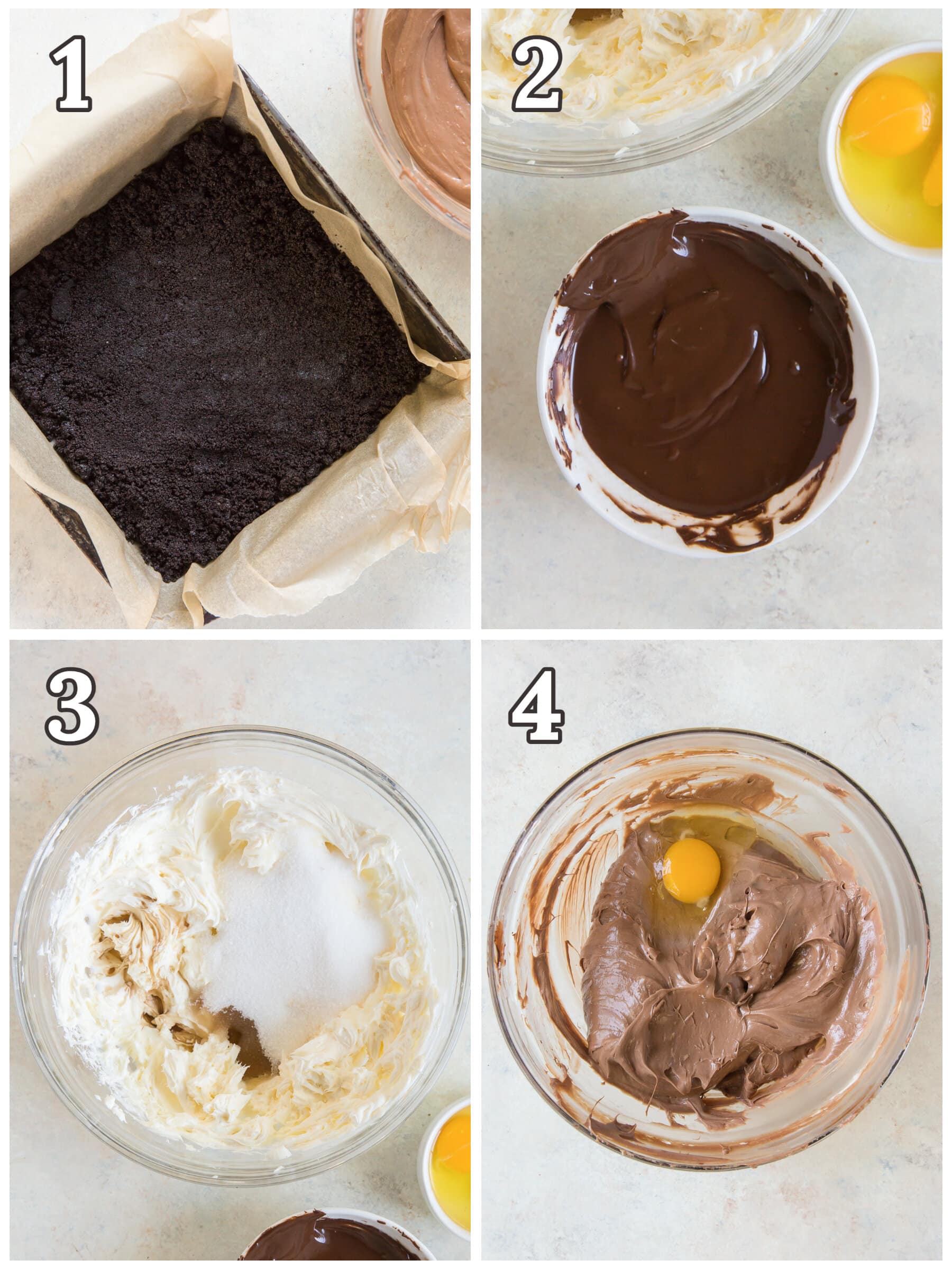 photo collage demonstrating how to make chocolate cheesecake bars with oreo crust.