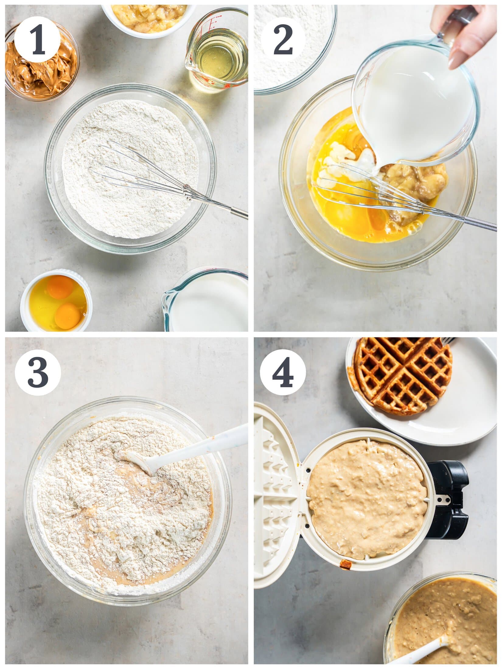 Photo collage demonstrating how to make peanut butter banana waffles in a mixing bowl and belgian waffle maker.