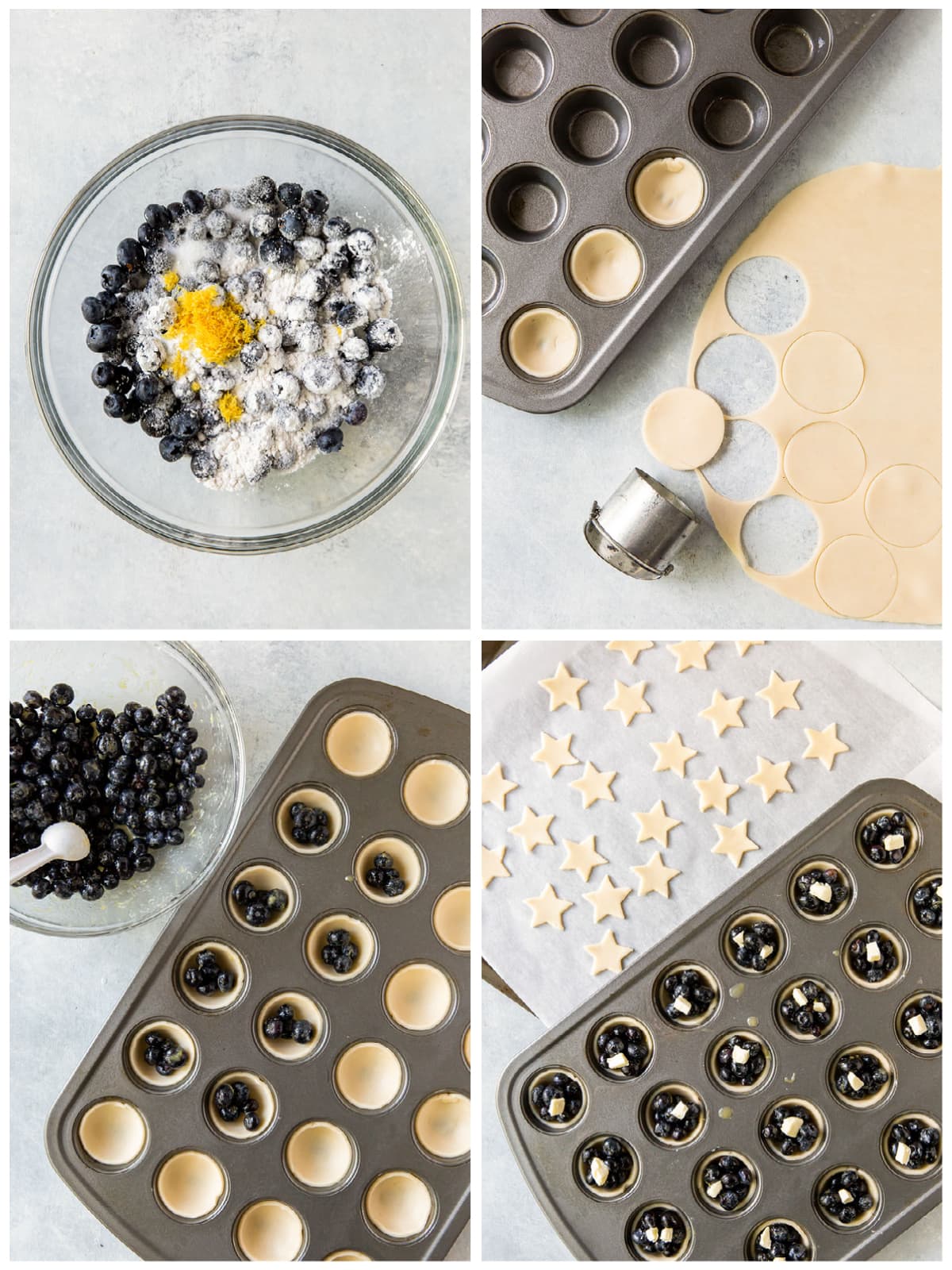 photo collage demonstrating how to make mini blueberry pies in a muffin tin