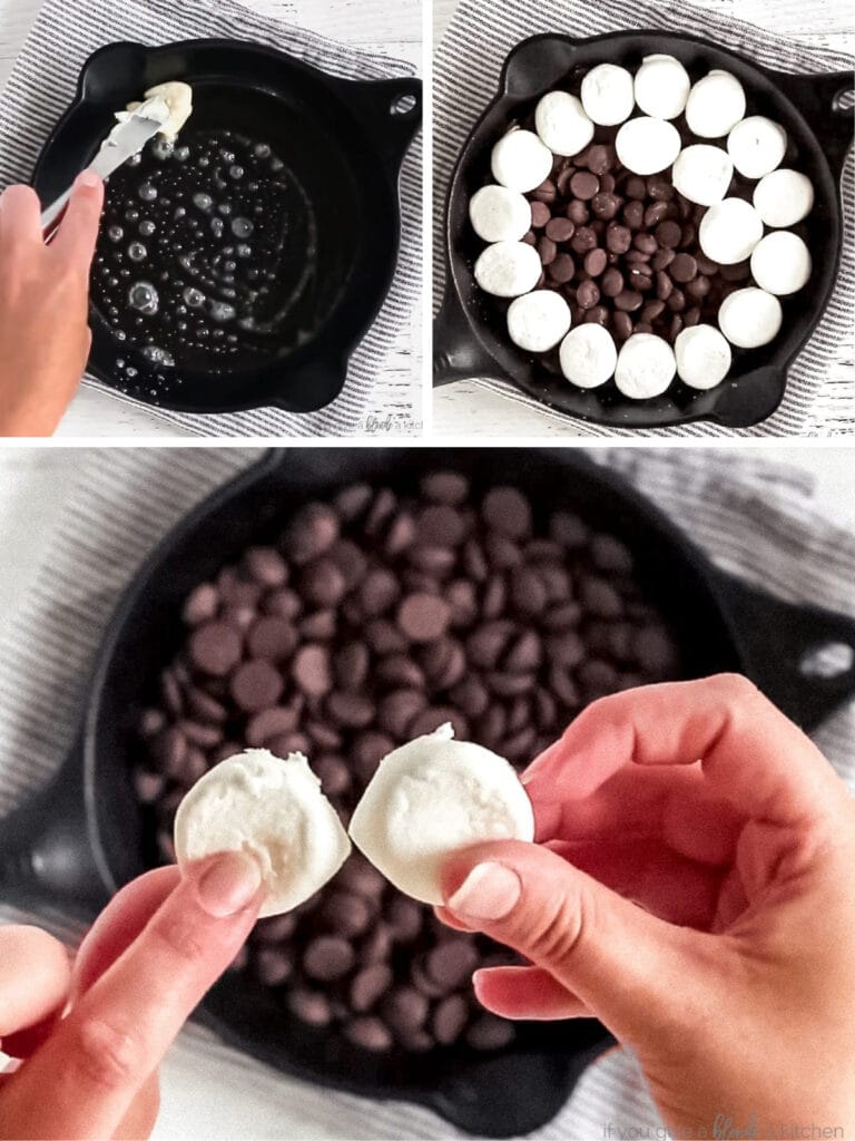 photo collage demonstrating how to make smores dip in a skillet