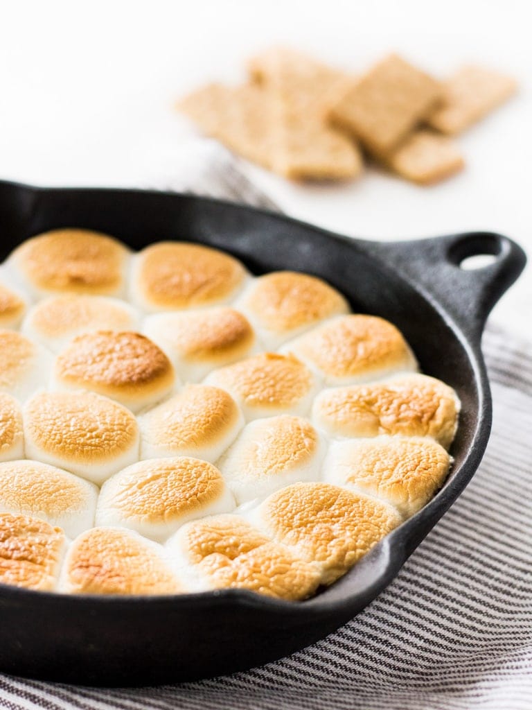 browned marshmallows in cast iron skillet