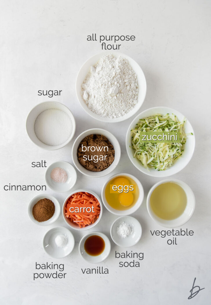 carrot zucchini muffin ingredients in bowls labeled with text