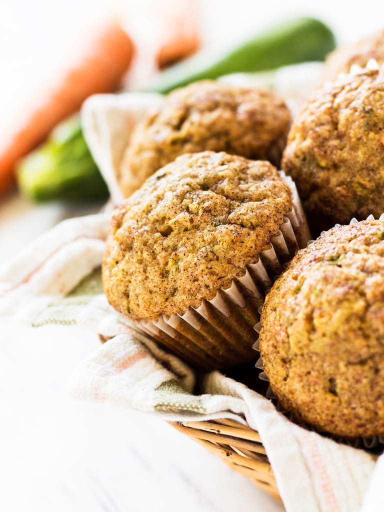 carrot zucchini muffin with cinnamon sugar on top