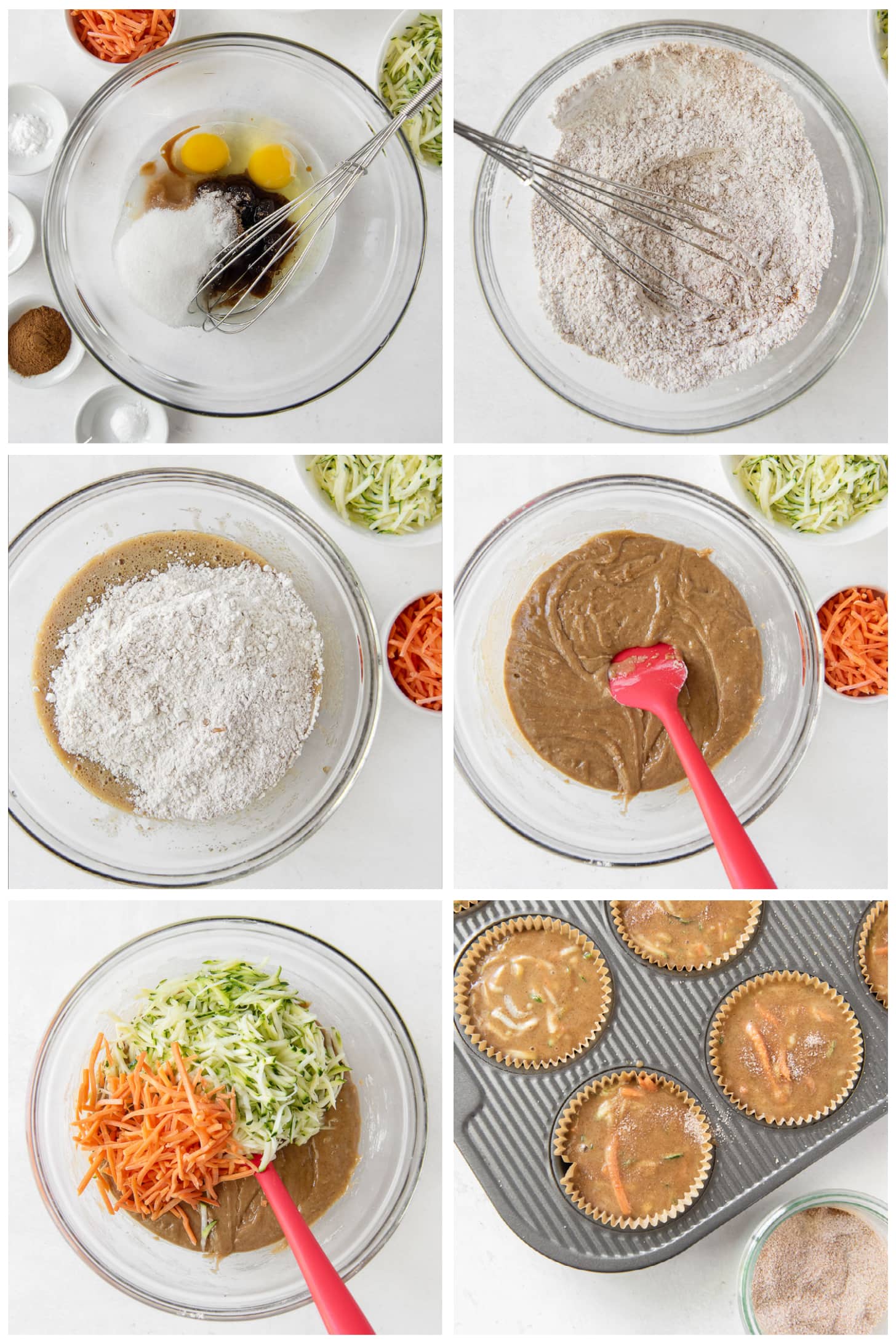 photo collage demonstrating how to make carrot zucchini muffins in a mixing bowl