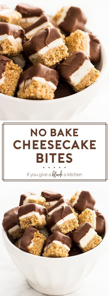 No bake cheesecake bites is an easy mini dessert recipe. The graham cracker crust and cheesecake filling is topped off with a chocolate coating. | www.ifyougiveablondeakitchen.com