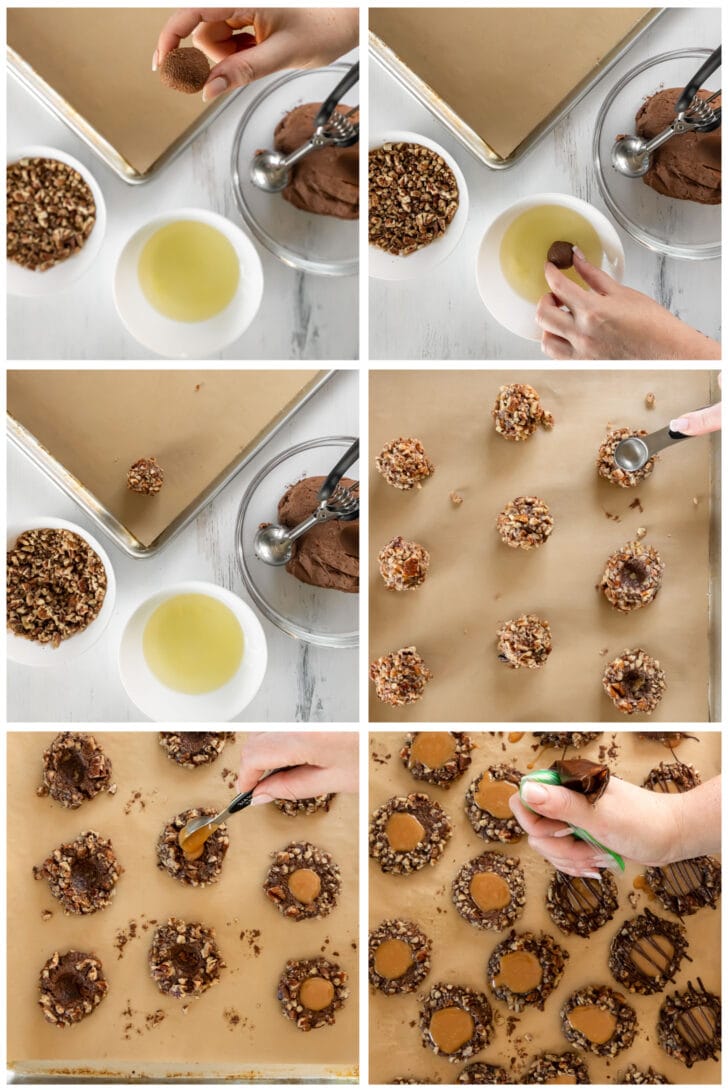 photo collage demonstrating how to shape and assemble turtle thumbprint cookies with caramel and pecans