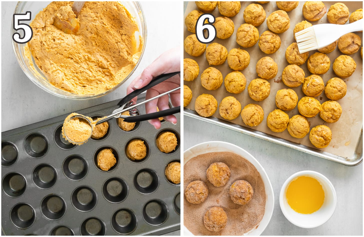 photo collage demonstrating how to make pumpkin donut holes in a mini muffin tin and add cinnamon sugar coating.