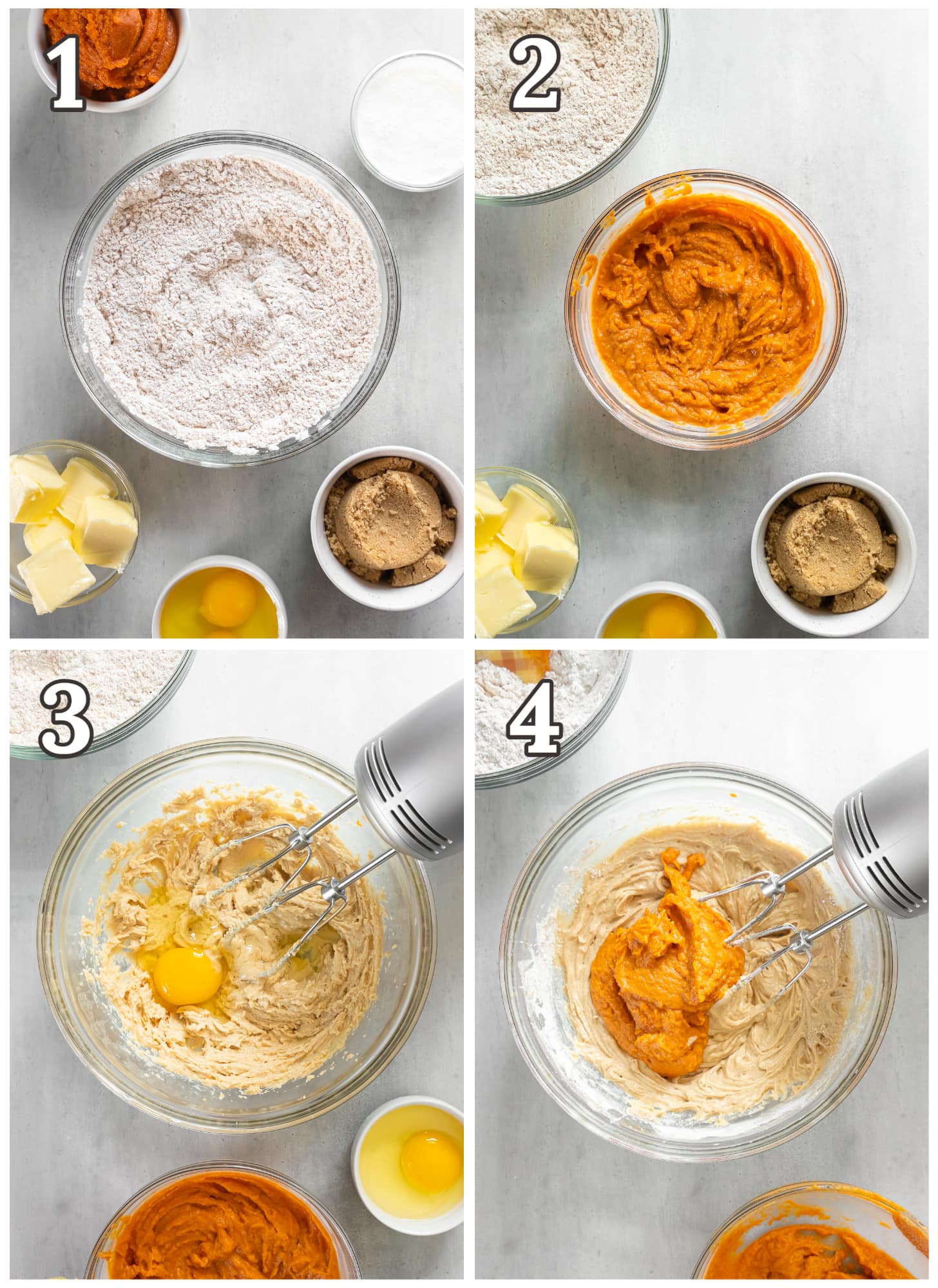 photo collage demonstrating how to make pumpkin donut batter in a mixing bowl.