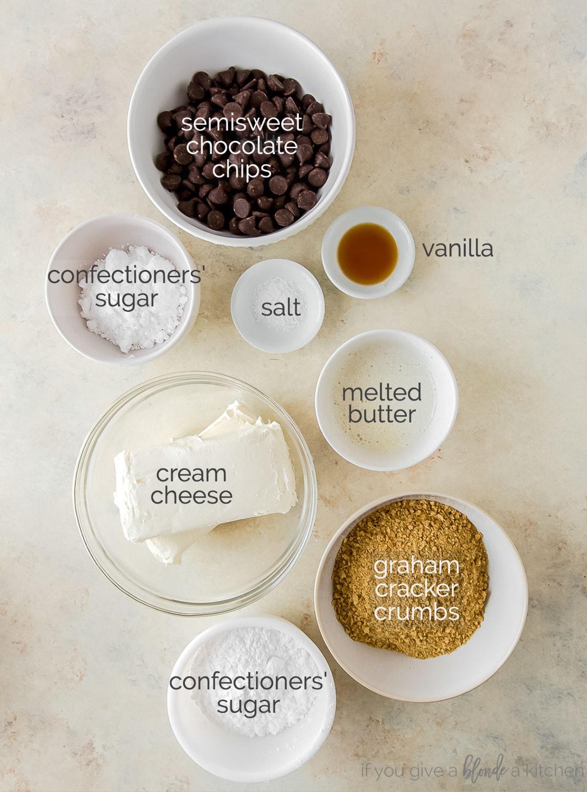 no bake cheesecake ingredients in bowls labeled with text