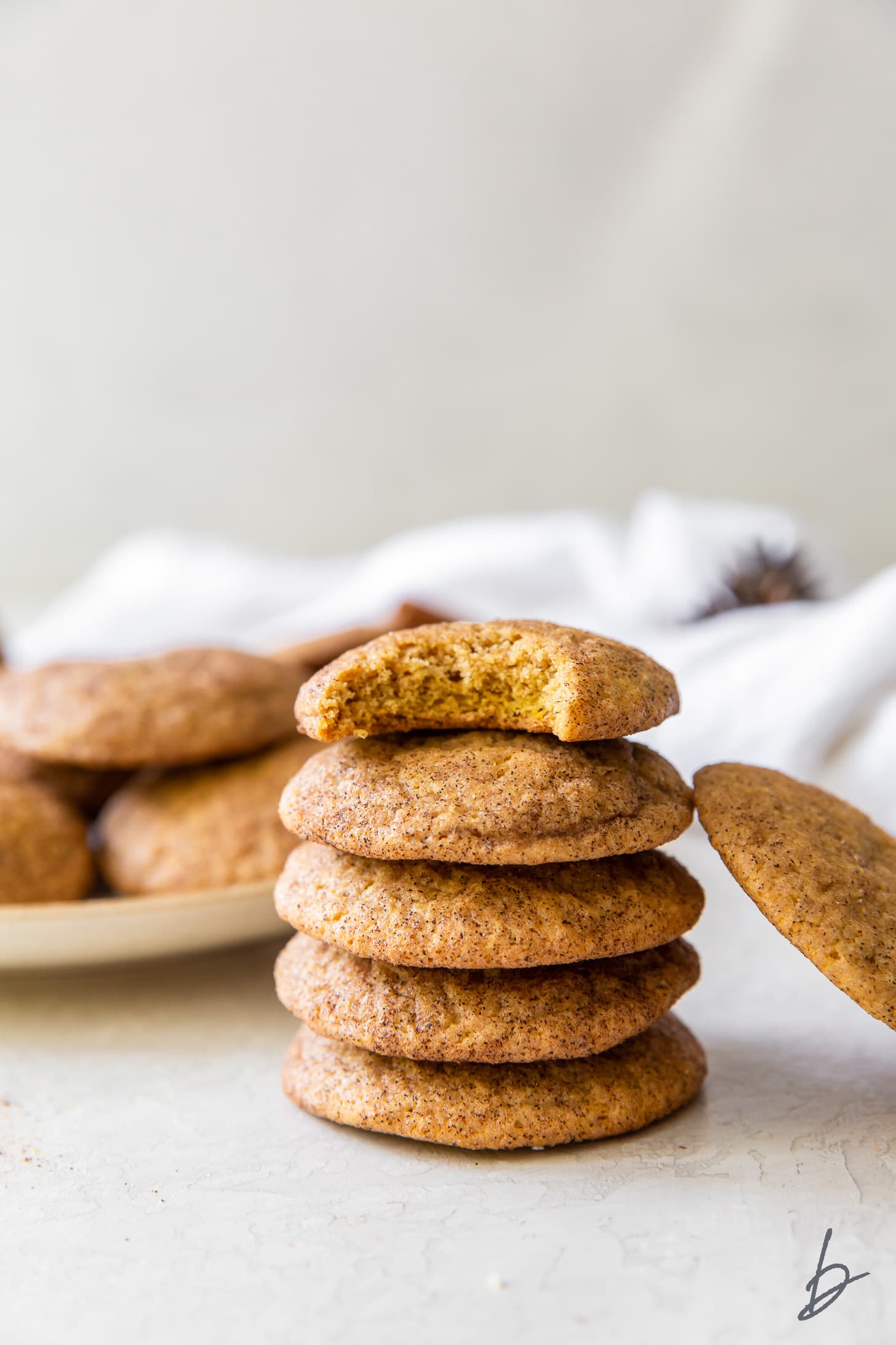 stack of pumpkin snickerdoodles and top cookie with a bite