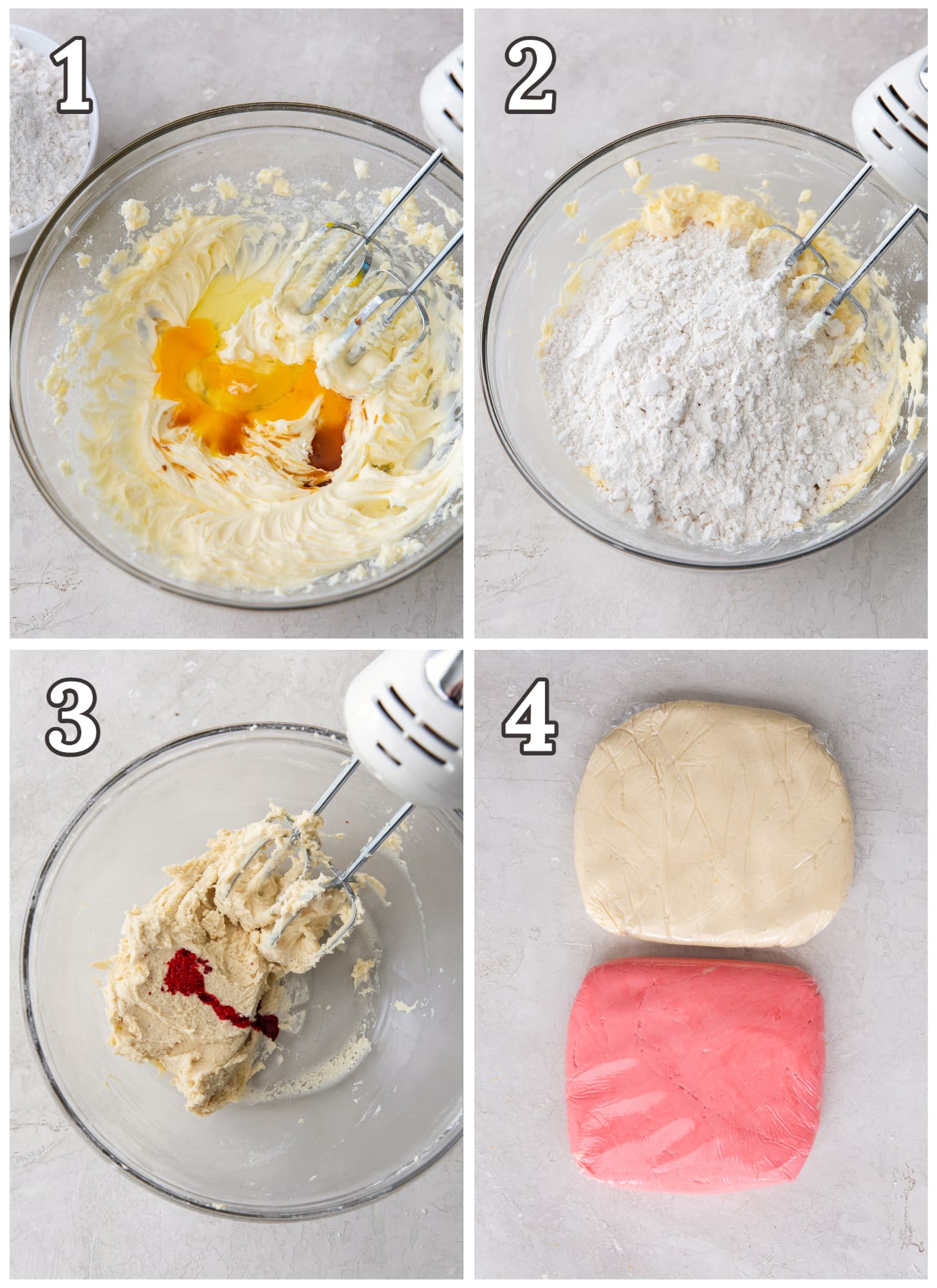 photo collage demonstrating how to make twist candy cane cookie dough in a mixing bowl.
