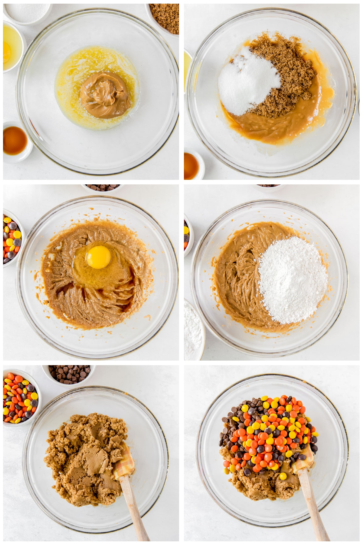 photo collage demonstrating how to make reeses pieces peanut butter blondies in a glass mixing bowl
