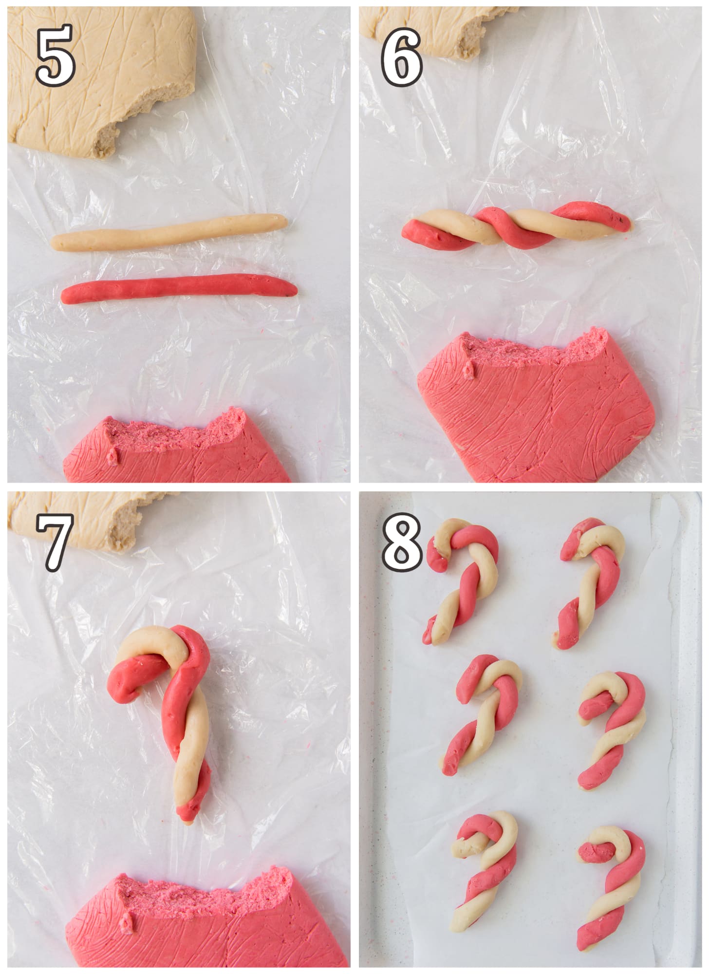 photo collage demonstrating how to shape cookie dough into twist candy cane cookies.