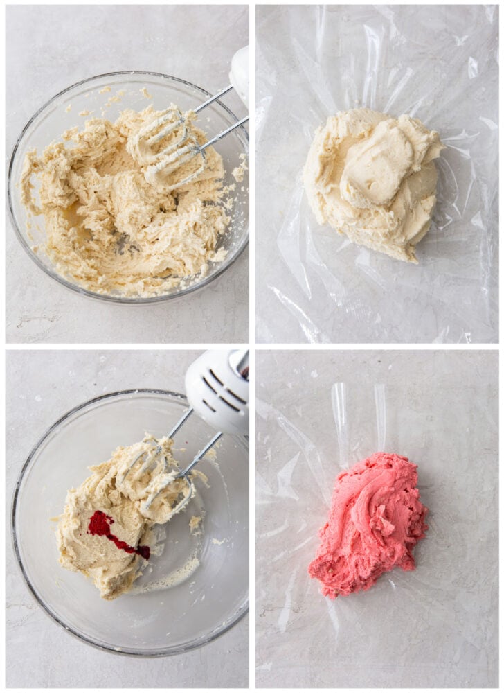photo collage demonstrating how to dye and chill twist candy cane cookie dough