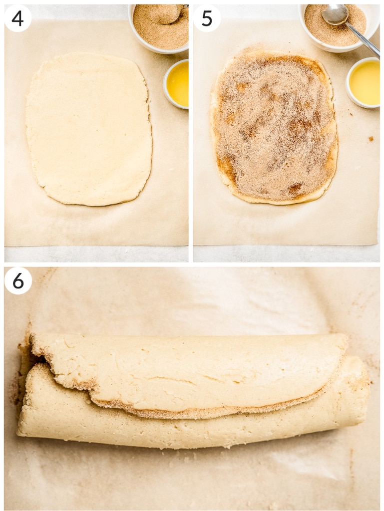 photo collage demonstrating how to roll cinnamon roll cookie dough into log
