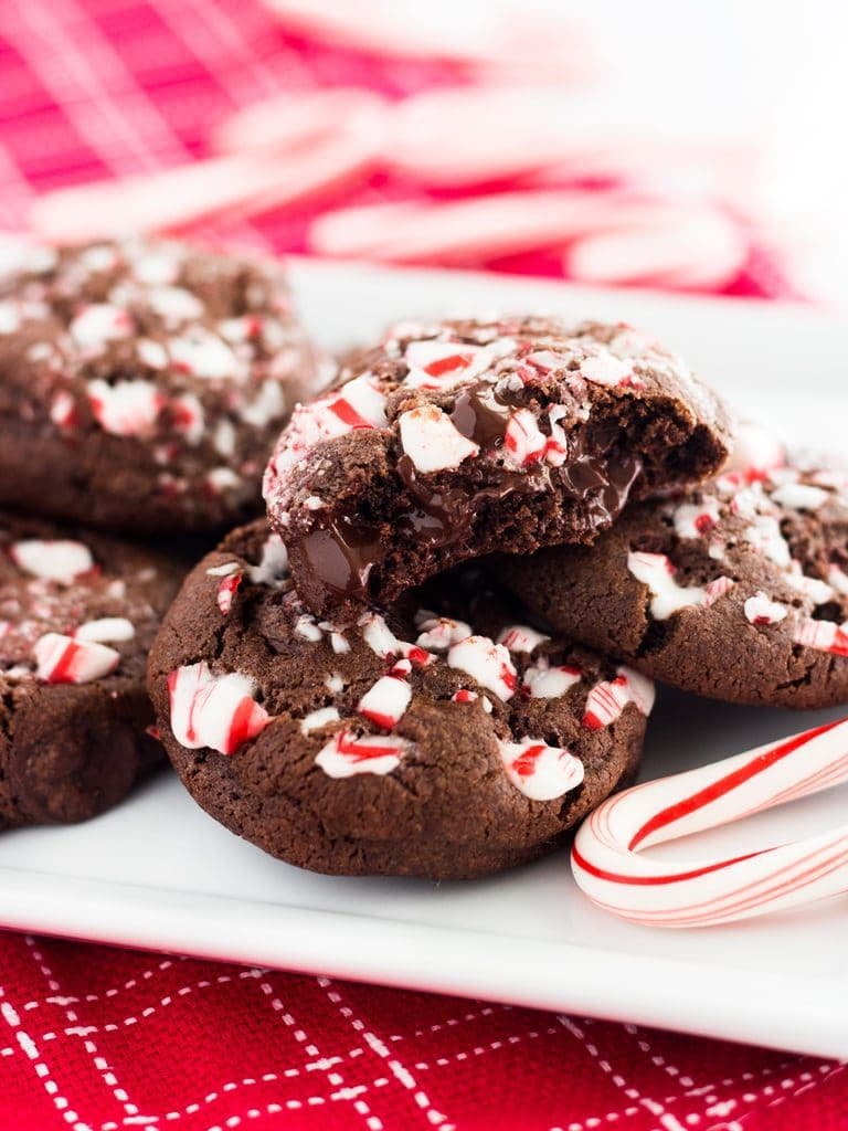 double chocolate peppermint cookie with bite and candy cane bits
