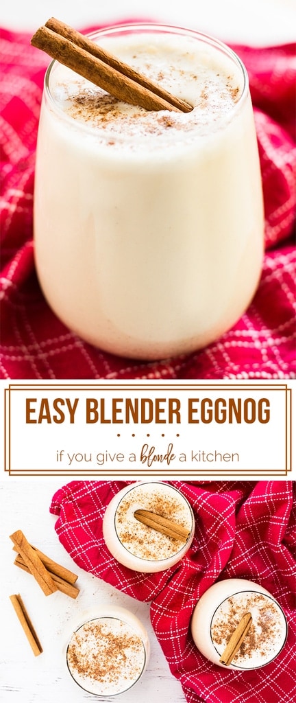 Easy homemade eggnog is made in a blender. Make it with fresh eggs, cream and rum for a festive cocktail at your next holiday party! | www.ifyougiveablondeakitchen.com