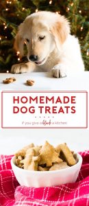 Homemade peanut butter dog treats are made with peanut butter, pumpkin puree, whole wheat flour and eggs. This is a great gift for your puppy at Christmas time or for their birthday. The recipe is easy and makes plenty of biscuits! | www.ifyougiveablondeakitchen.com