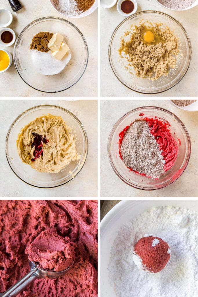 photo collage demonstrating how to make red velvet crinkle cookies